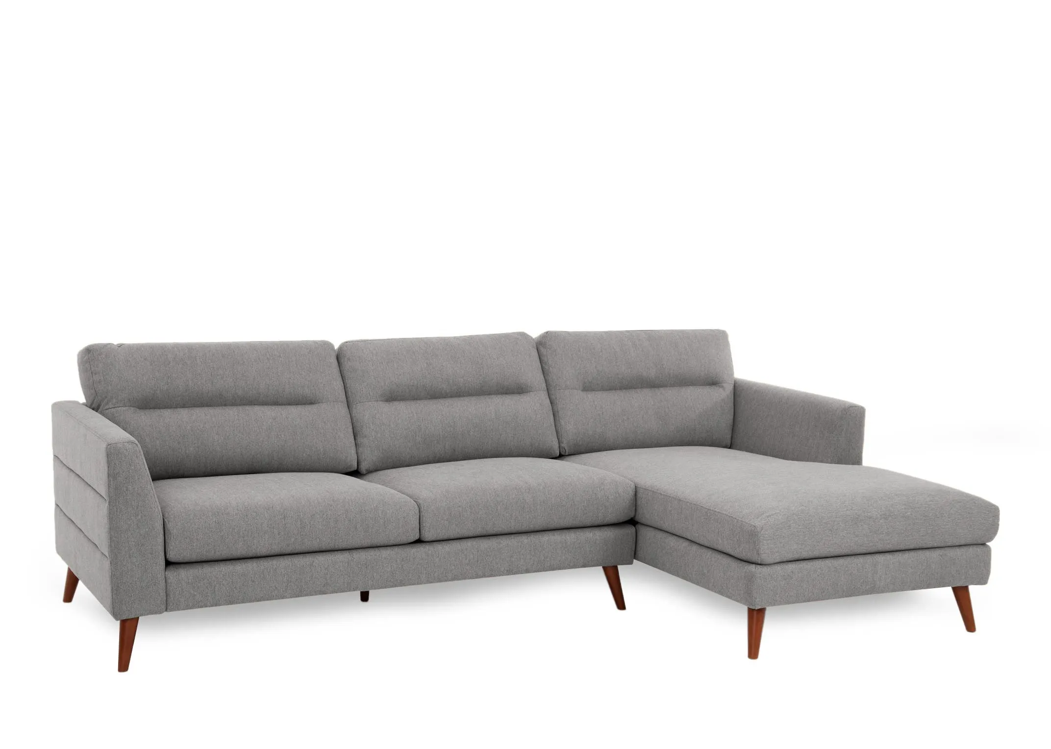 A light grey RHF corner chaise from EZ Livings Presley range. Angled view.