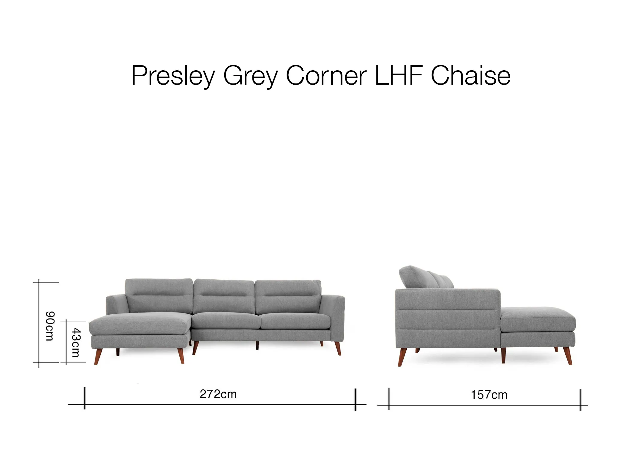 A dimension image of the Presley RHF Chaise with 272cm x 97cm x 90CM
