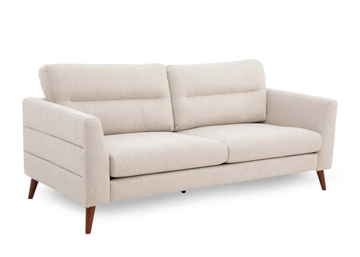 A 2 seater beige fabric sofa from EZ Livings Presley range. Angled view of seamed back and sides.