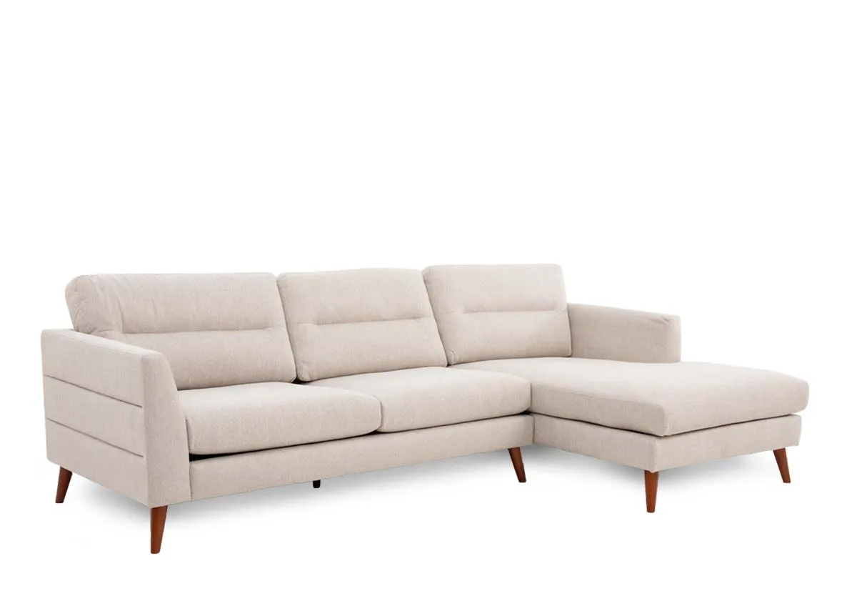 A beige corner chaise from EZ Livings Presley range. Angled view