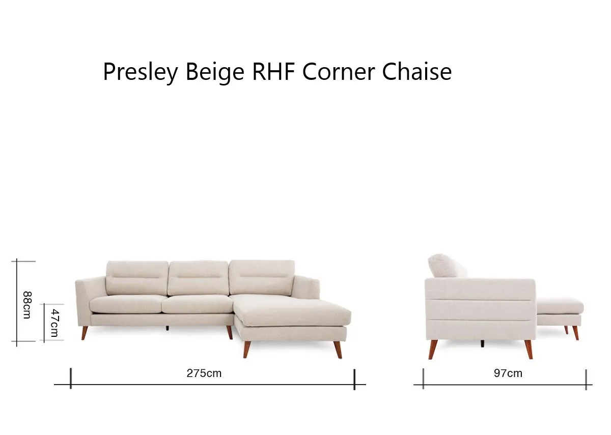 A dimension image of the Presley RHF Corner Chaise with 275cm x 97cm x 88cm
