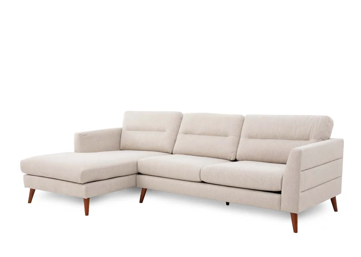 A beige corner chaise from EZ Livings Presley range. Angled view