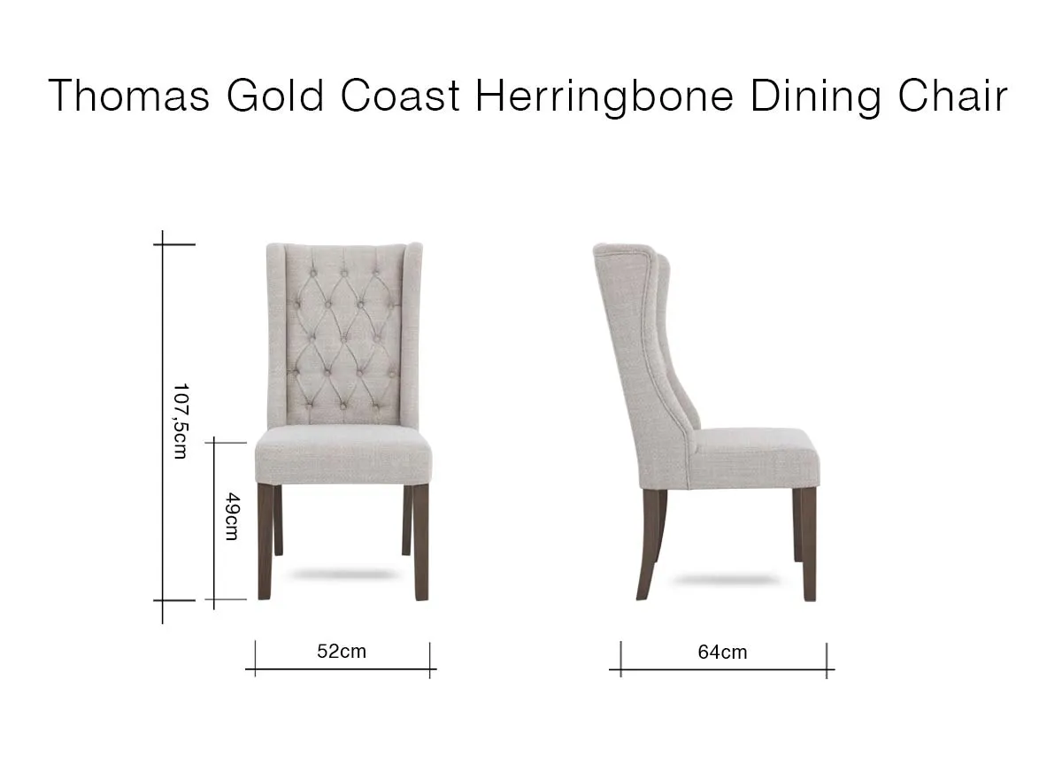 A dimension image of the Thomas Gold Coast Dining chair with 52cm x 64cm x 107.5cm