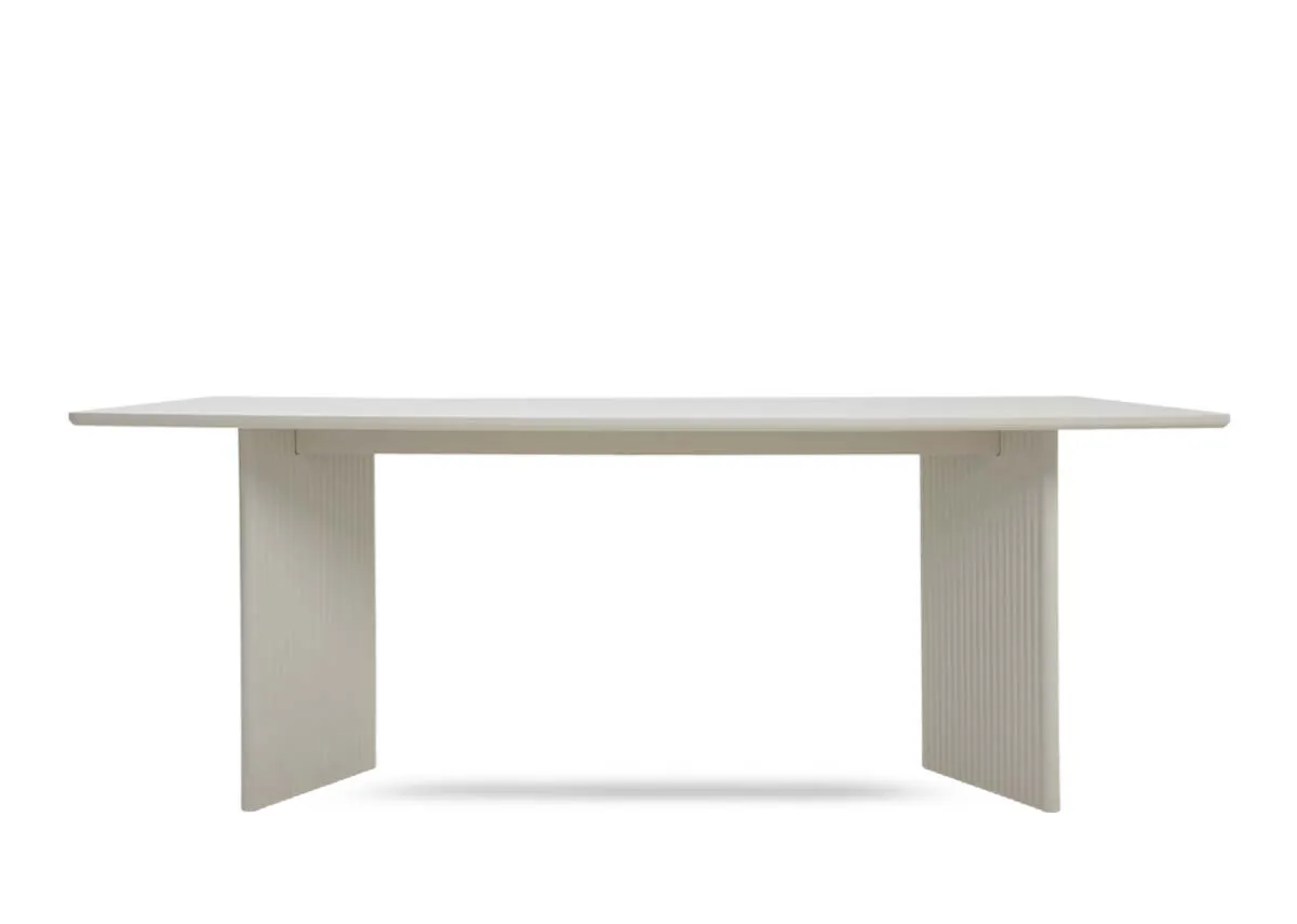 A large rectangular dining table in off white from EZ Livings Palma range. Front view of simple t shape table