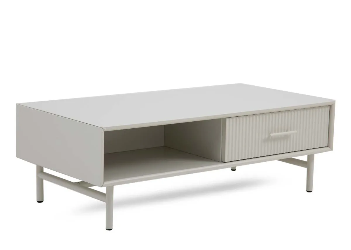 A white rectangular coffee table from EZ Livings Palma range. Angled view of shelf and drawer.