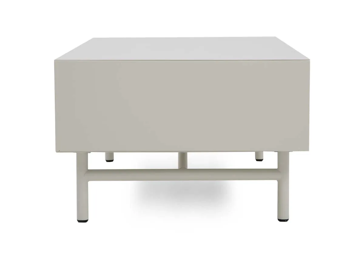 A white rectangular coffee table from EZ Livings Palma range. Side view of low to the ground feet.