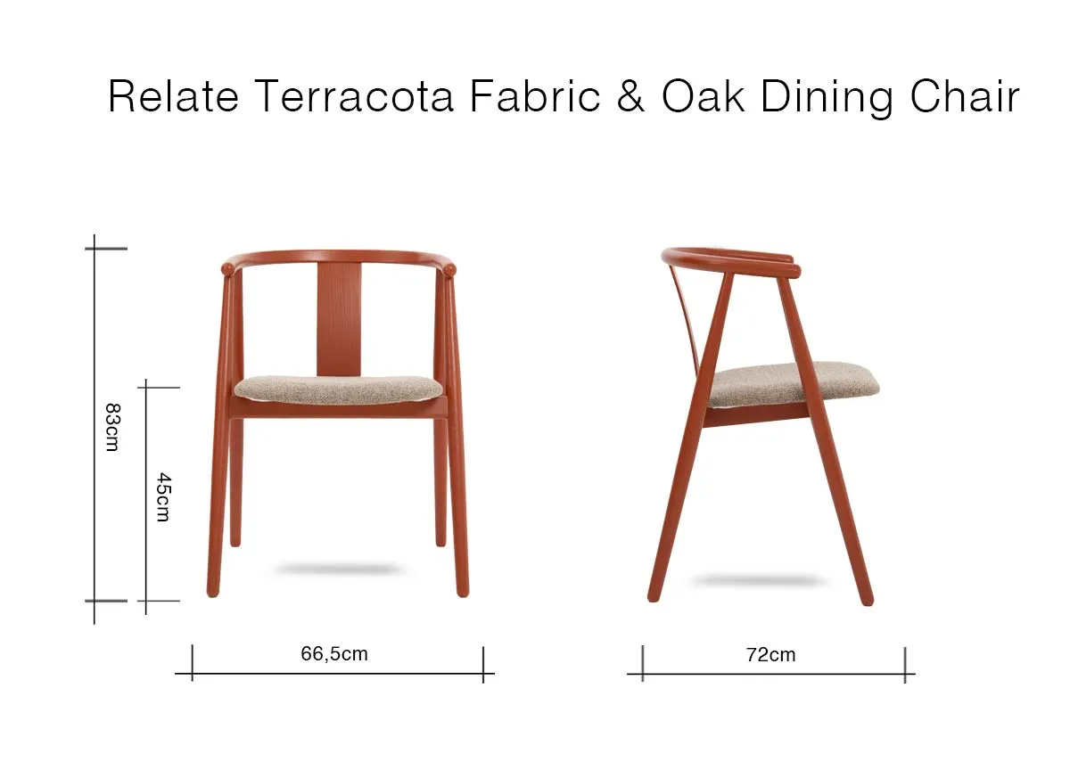 A dimension image of the Relate Terrcotta Dining chair with 66.5cm x 72cm x 84cm