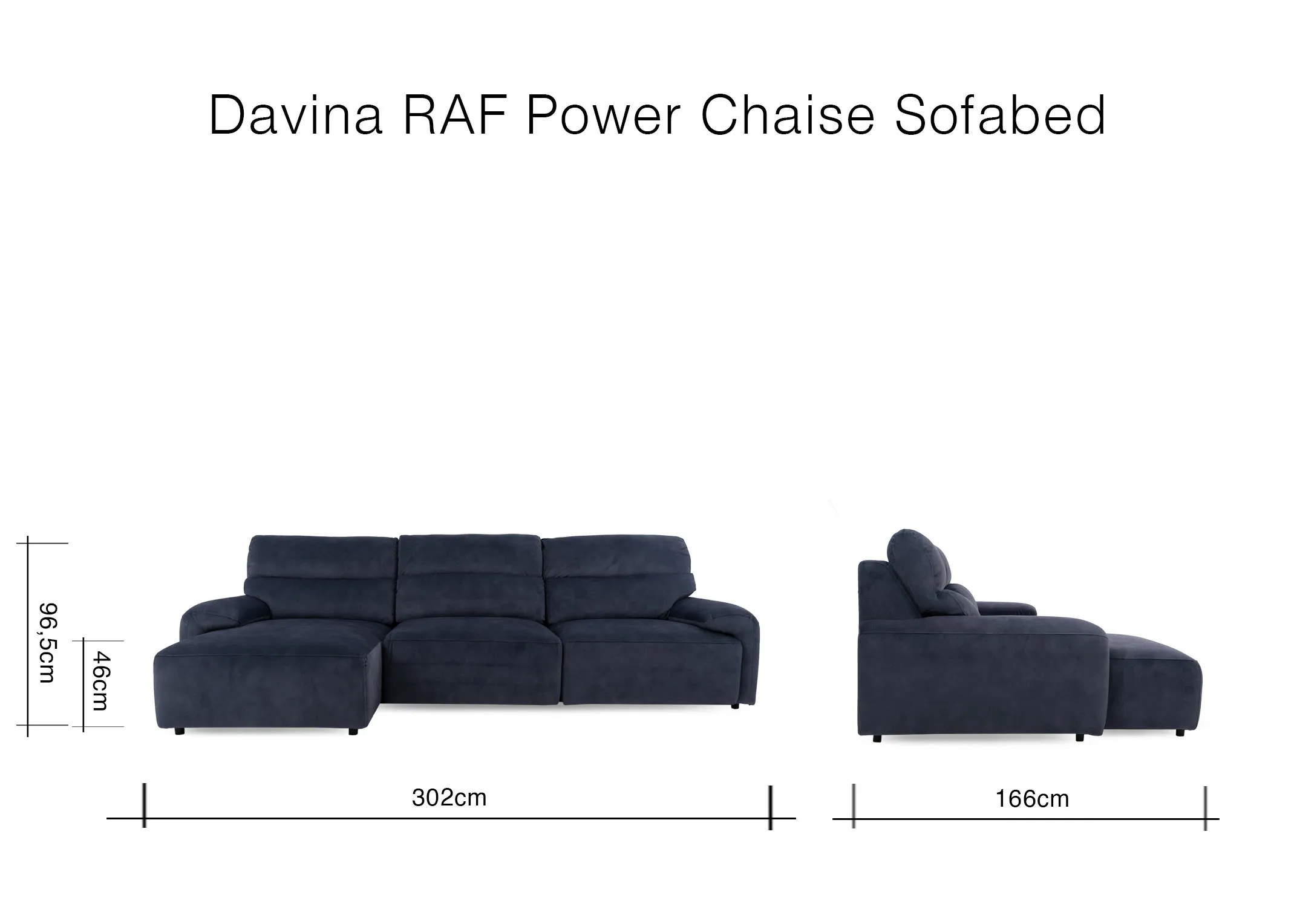 A dimension image of the Davina RAF Chaise Sofabed with 302cm x 166cm x 96.5cm H