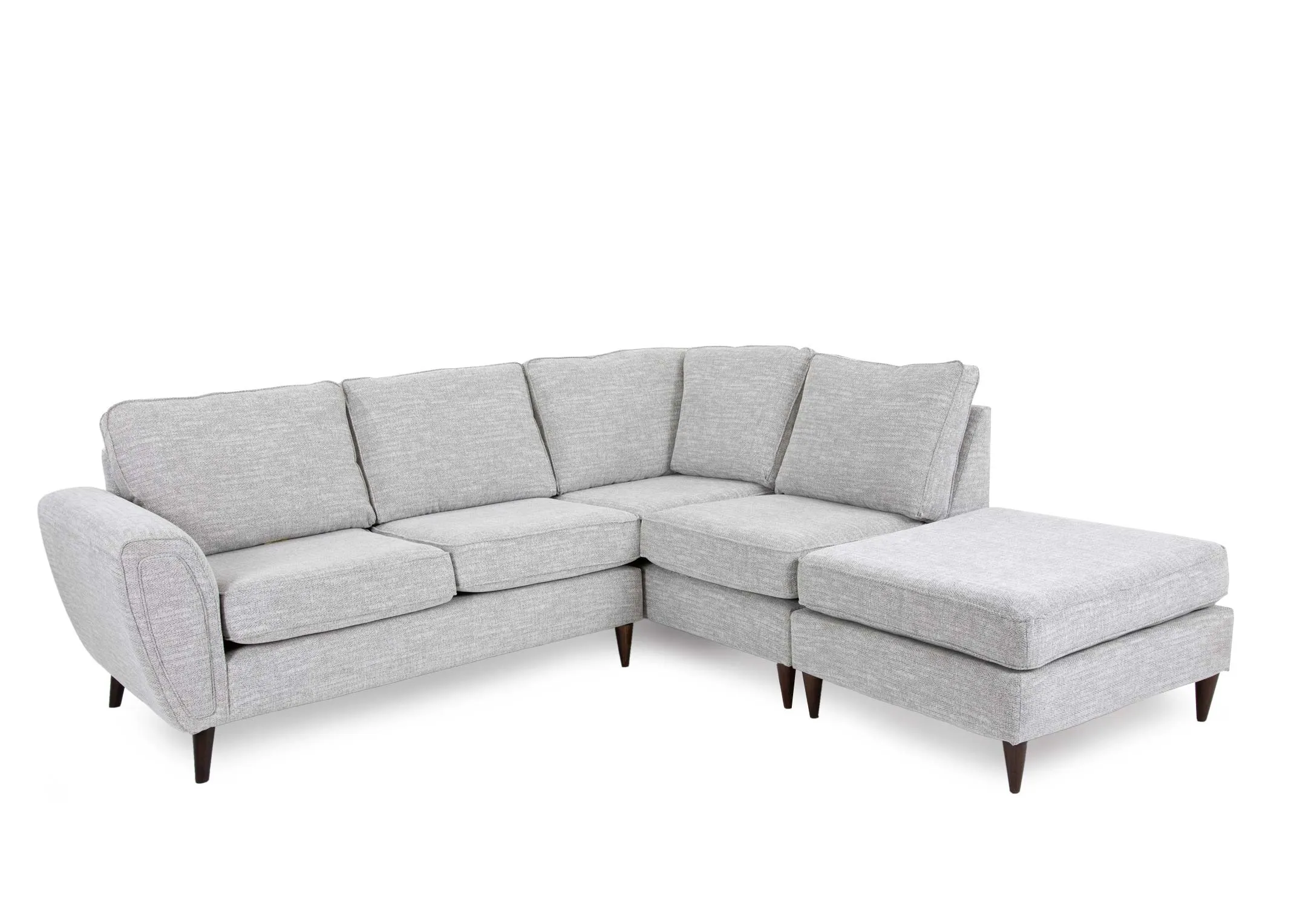 A silver fabric LAF corner chaise from EZ Livings Bella range. Angled view of chaise on left side when sitting down.