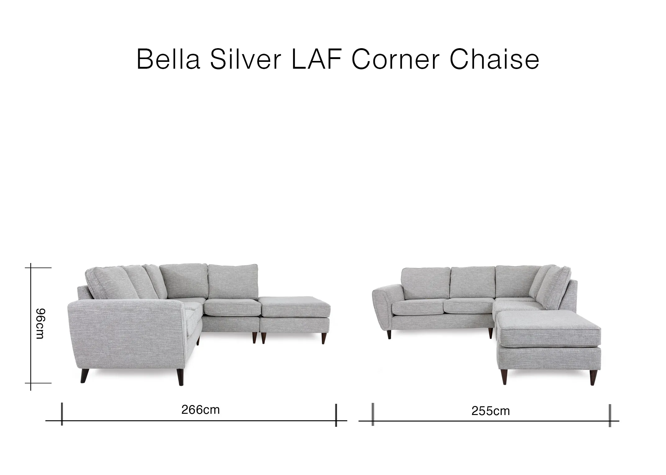 A dimension image of the Bella LAF Corner Chaise with 266cm x 255cm x 96cm