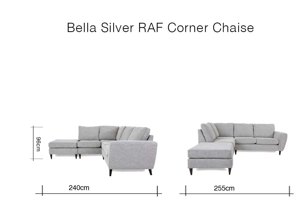 A dimension image of the Bella LAF Corner Chaise with 255cm x 240cm x 96cm