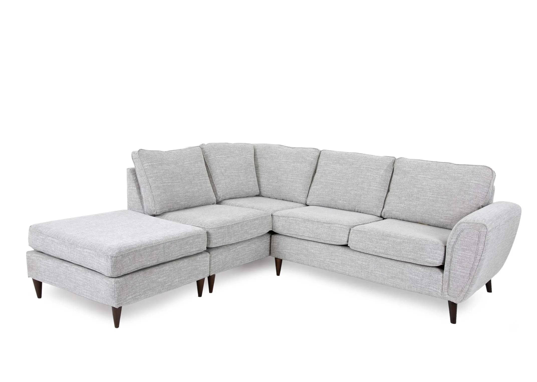 A silver fabric RAF corner chaise from EZ Livings Bella range. Angled view of chaise on right side when sitting down.