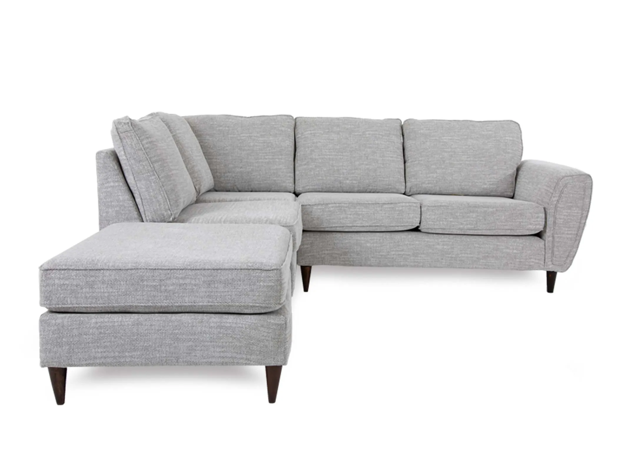 A silver fabric RAF corner chaise from EZ Livings Bella range.Back view of warrantied frame.