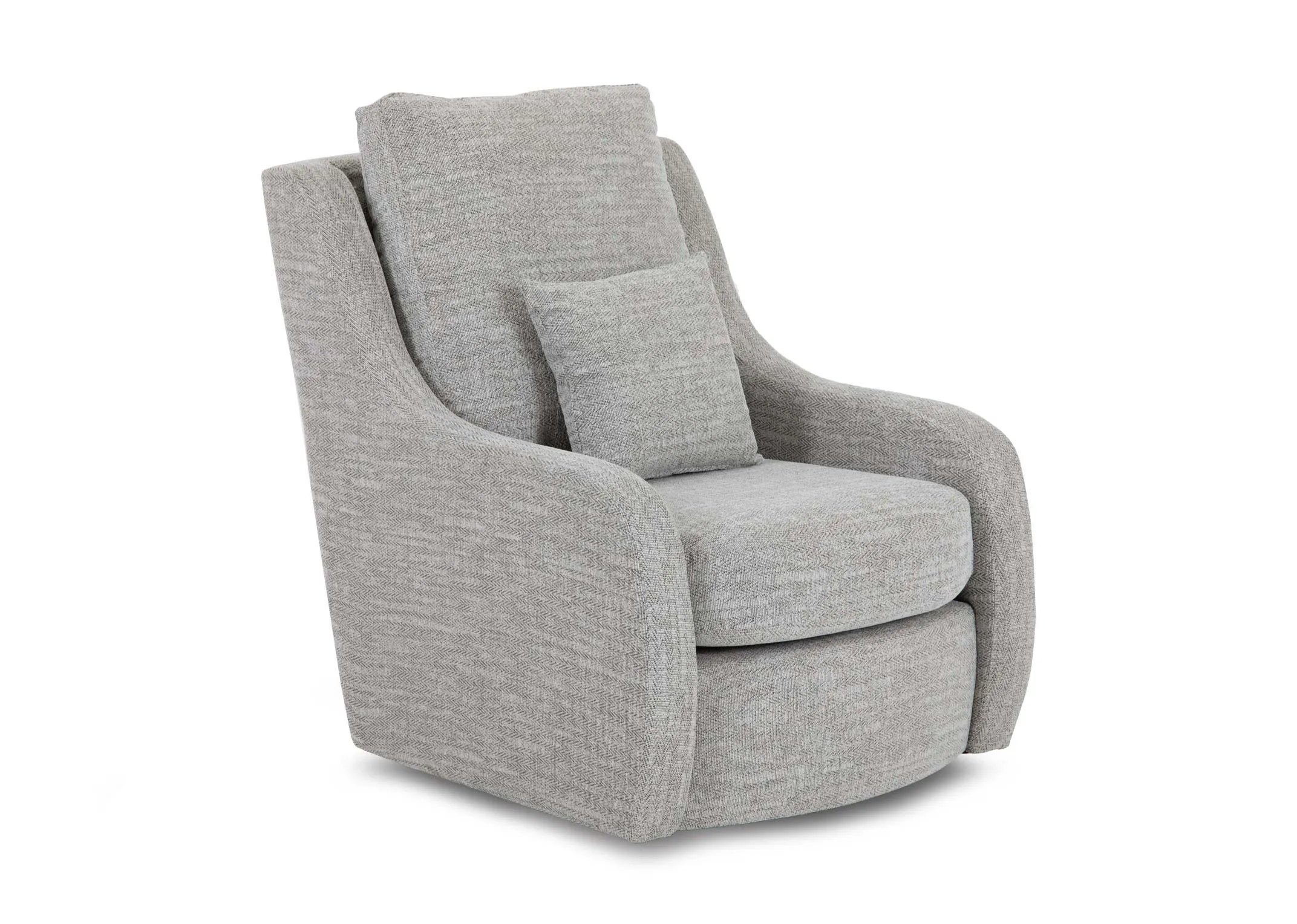 A silver fabric swivel armchair from EZ Livings Bella range. Angled view of scurved armchair withingled scatter