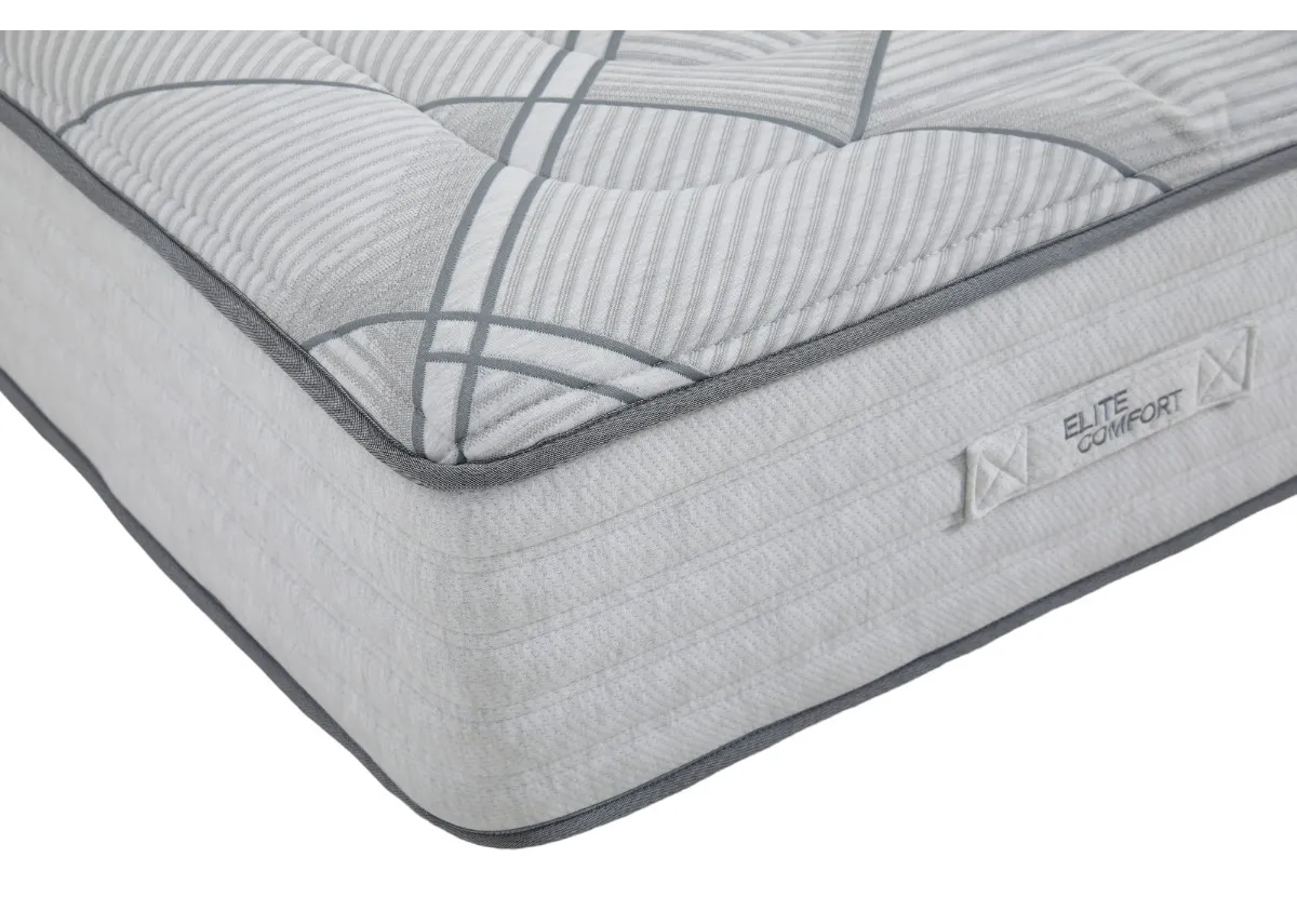 An angled closeup view of the Elite Comfort Mattress from EZ Living Furniture showing grey design on exterior identifying rotation only feature.
