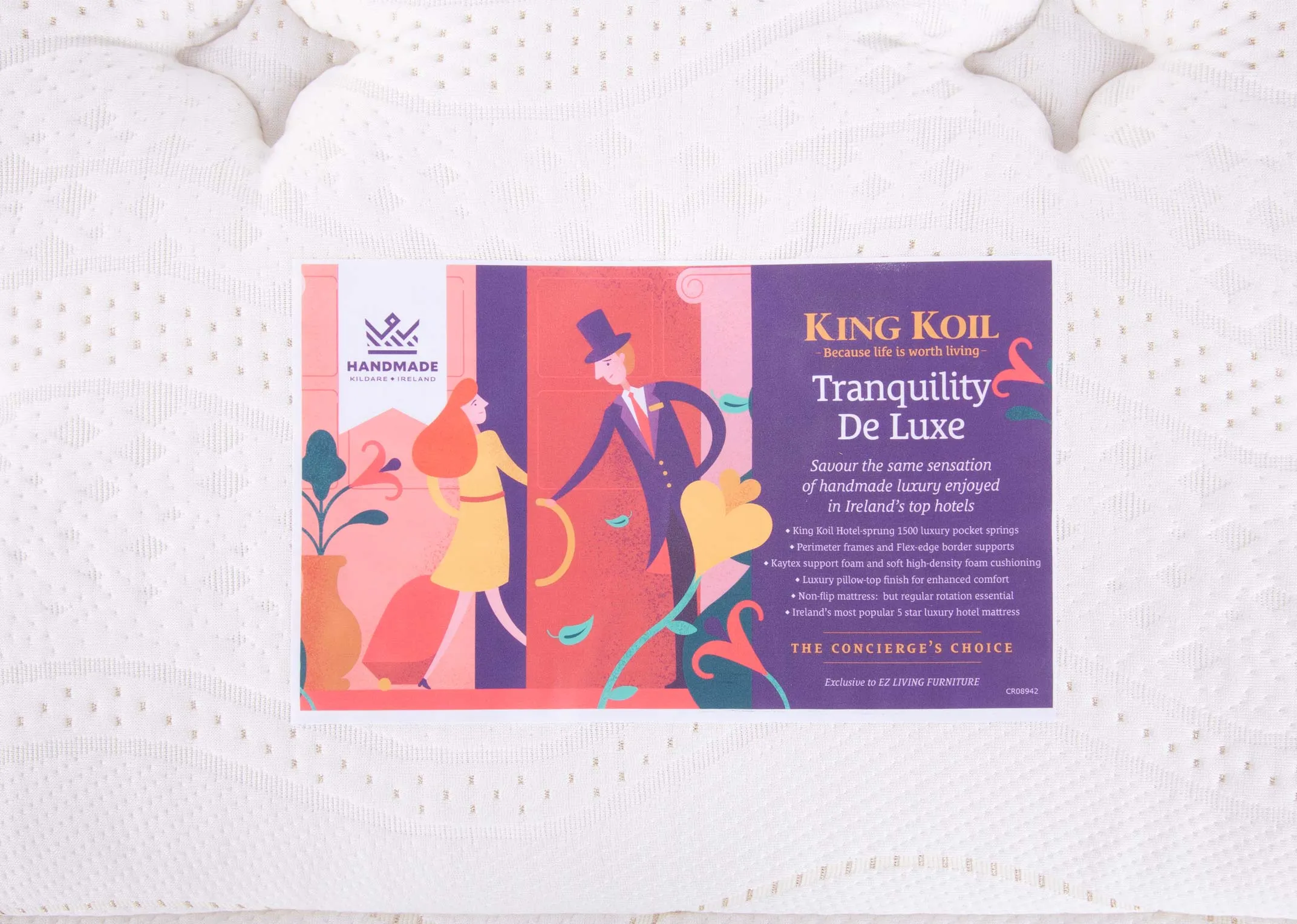 A 3ft single pocket spring mattress from EZ Living Furnitures Tranquility Deluxe range. Closeup of the King Koil label with benefits.