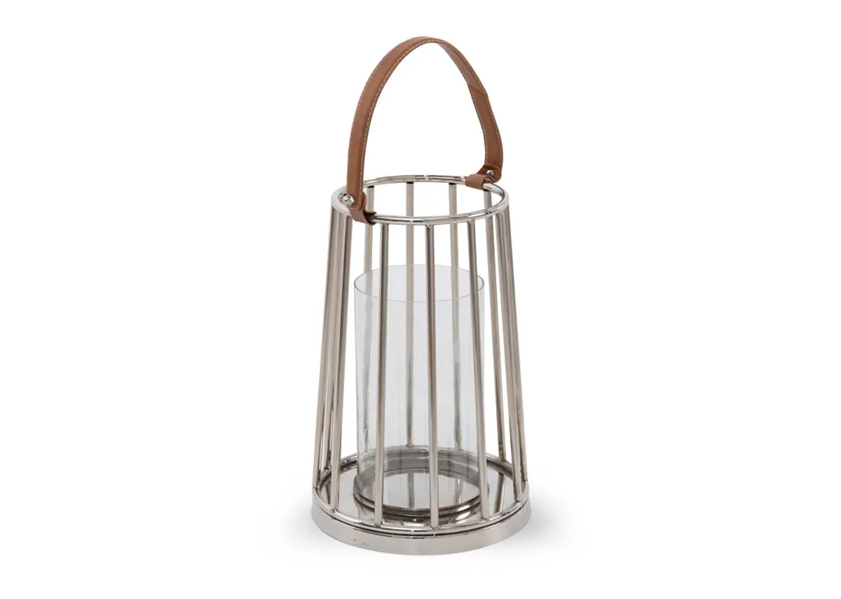 A silver metal caged lantern with glass insert and leather handle from EZ Livings Jasey range. Front view