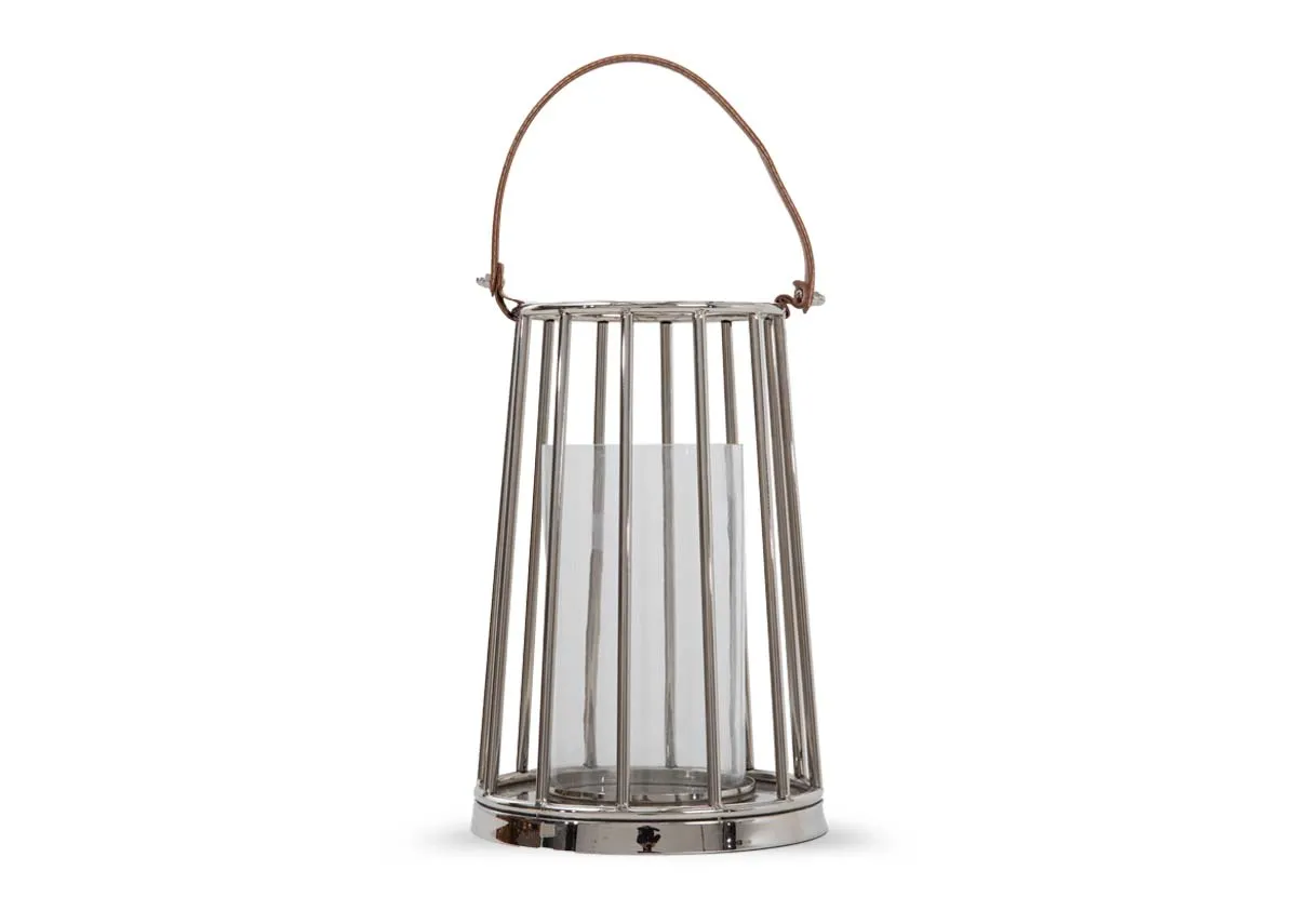 A silver metal caged lantern with glass insert and leather handle from EZ Livings Jasey range. Side view