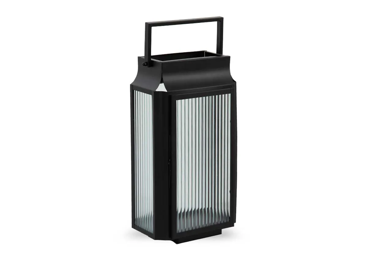 A small black framed lantern with frosted glass from EZ Livings Ellis range. Angled view of beveled glass.