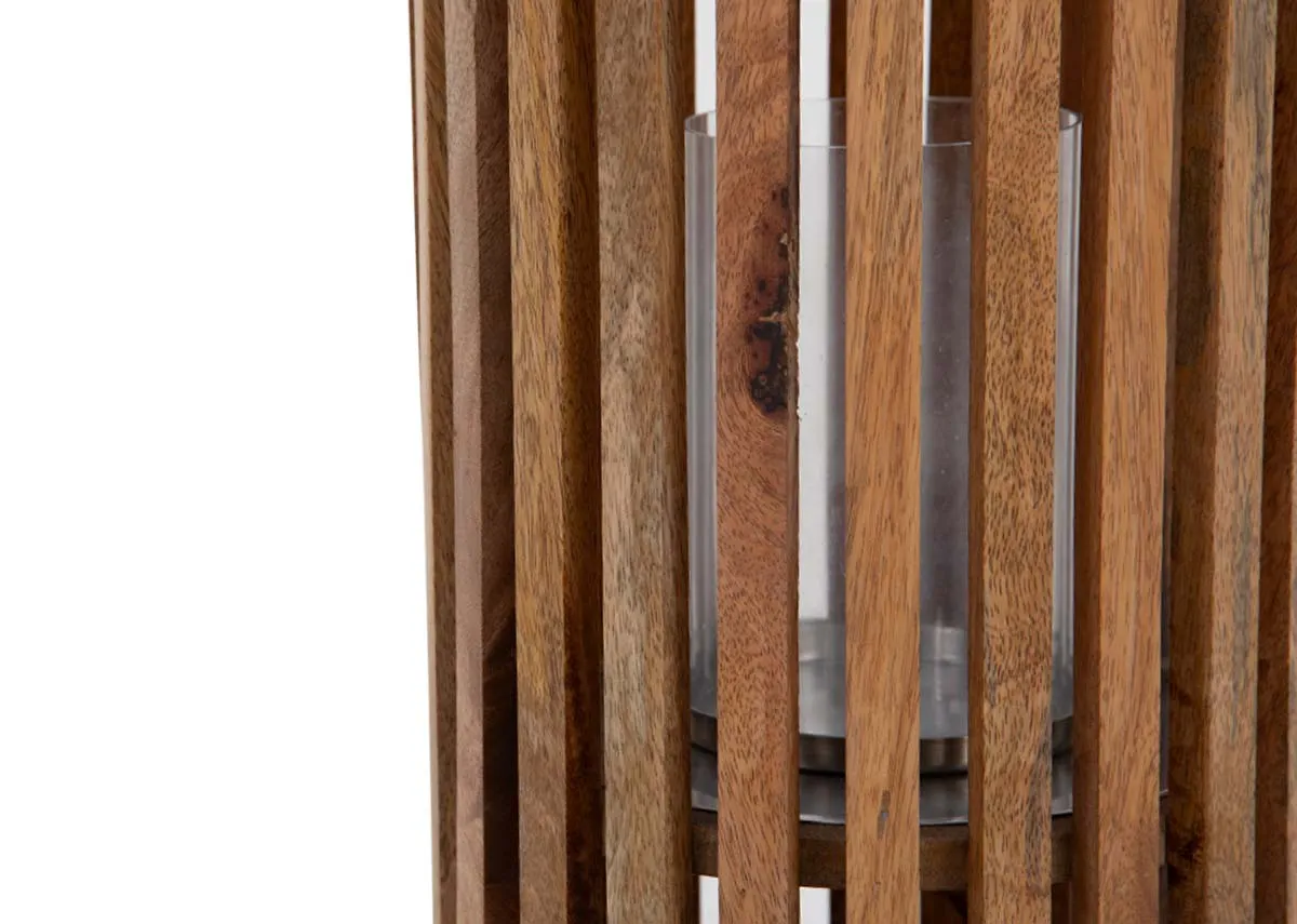 A cylindrical wooden lantern with metal handle from EZ Livings Finley range. Closeup of slat wood effect
