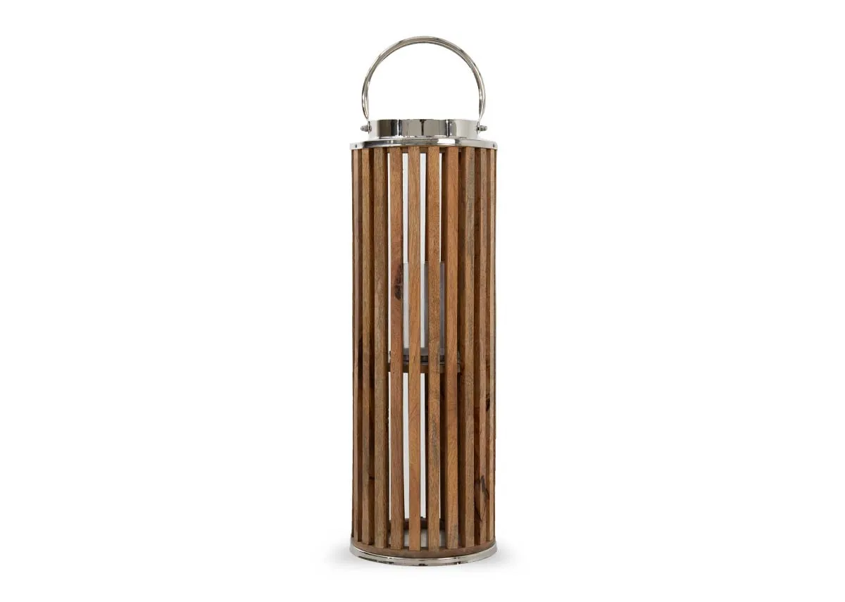 A cylindrical wooden lantern with metal handle from EZ Livings Finley range. Frnt view