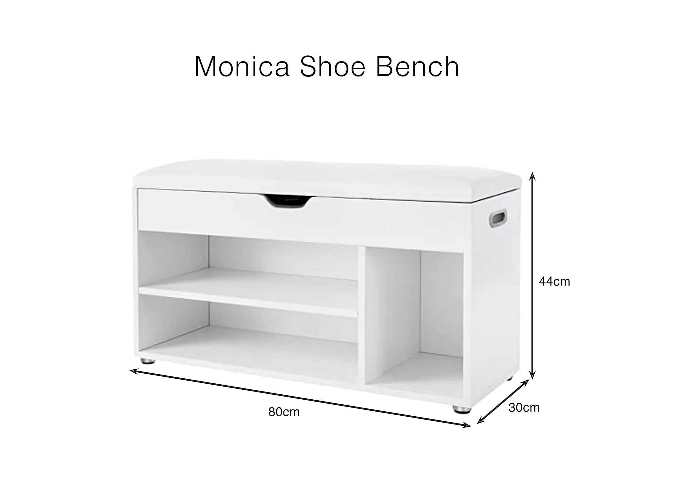 A dimension image of the Monica Shoe Bench with 80cm x 30cm x 44cm