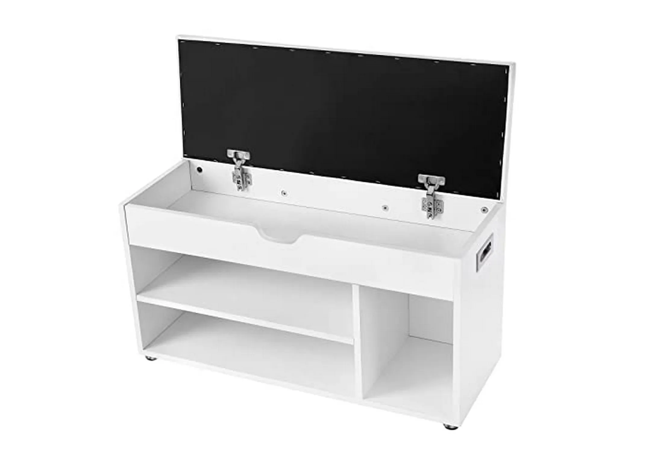 A white shoe bench with soft close top and 3 shelves for storage from EZ Livings Monica range.Front view with lip for under seat storage 
