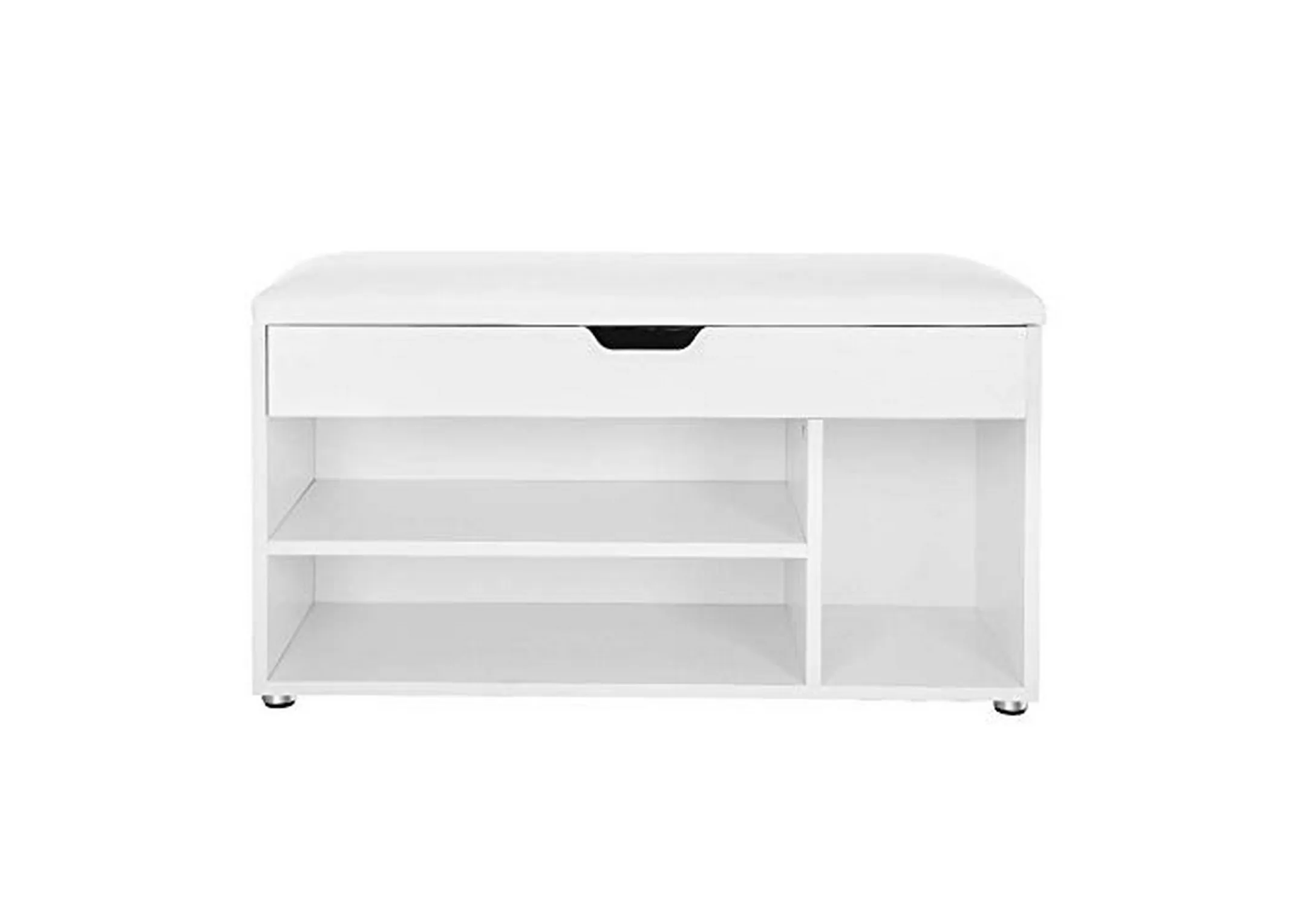 A white shoe bench with soft close top and 3 shelves for storage from EZ Livings Monica range. Angled view of shoe bench filled.