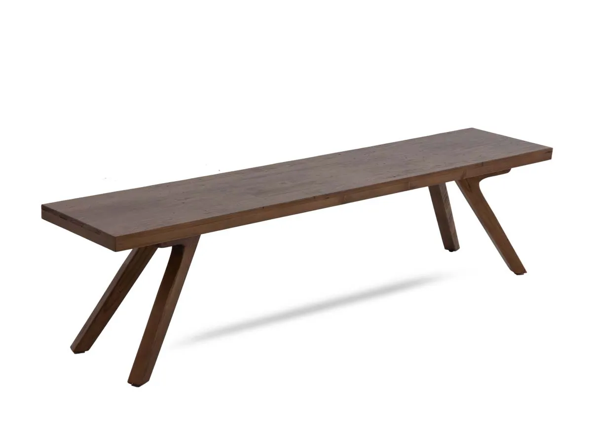 A brown reclaimed wood dining bench from EZ Livings Albion range. Angled view of legs and thick wood top