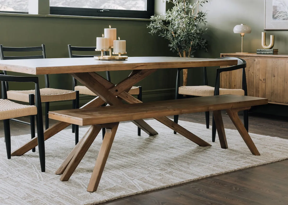 A lifestyle image of the Albion dining bench with table and sideboard.