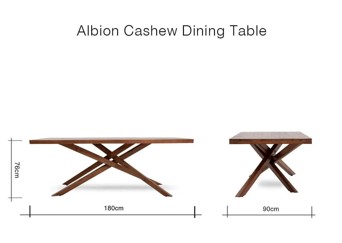 A dimension image of the Albion dining table with 180cm x 94cm x 76cm