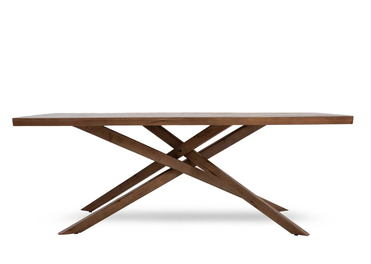 A brown chunky top reclaimed wood dining table from EZ Livings Albion range. Front view of thick rustic wood top