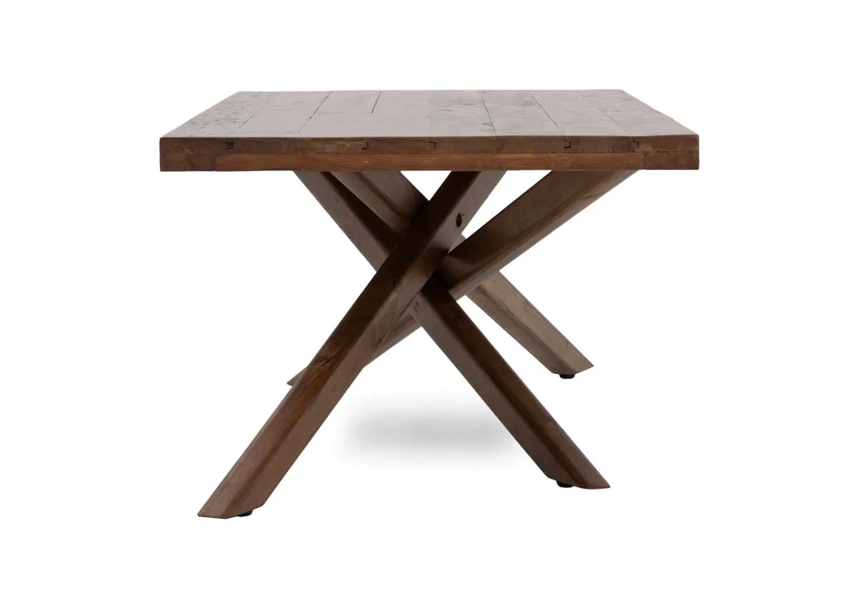 A brown chunky top reclaimed wood dining table from EZ Livings Albion range. Side view