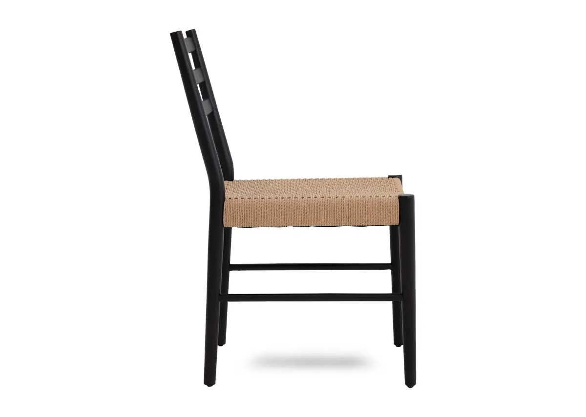 A black framed straight back dining chair with woven seat from EZ Livings Albion range. Side view