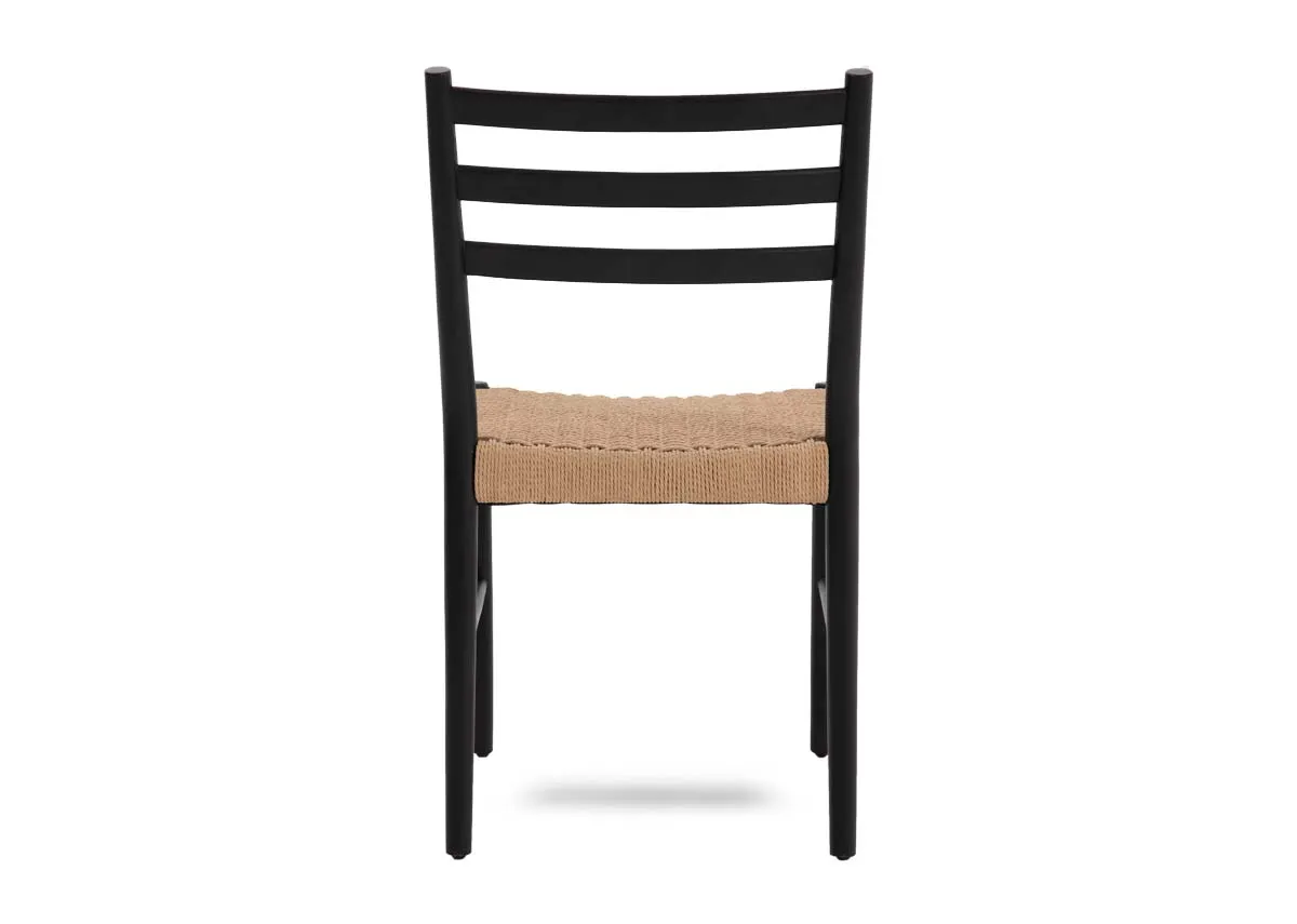 A black framed straight back dining chair with woven seat from EZ Livings Albion range. Back view