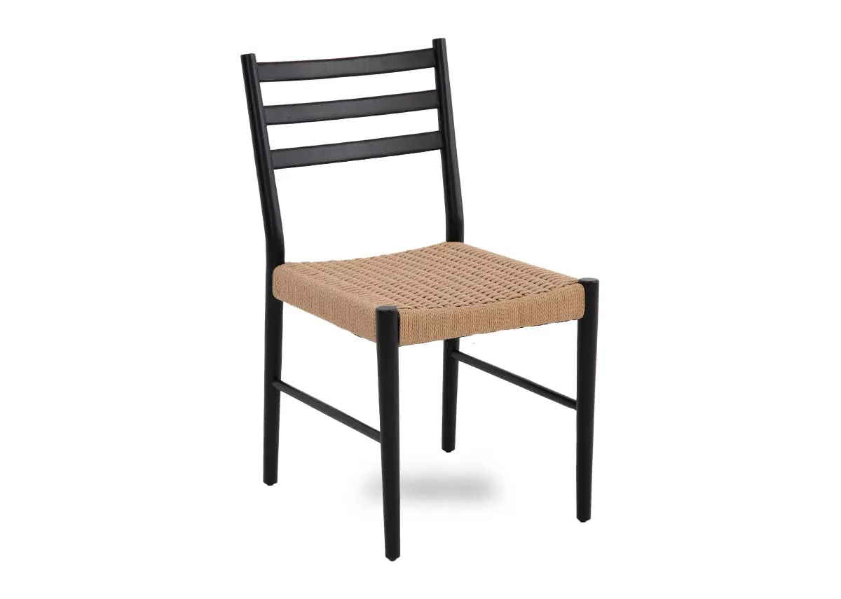 A black framed straight back dining chair with woven seat from EZ Livings Albion range. Angled view.