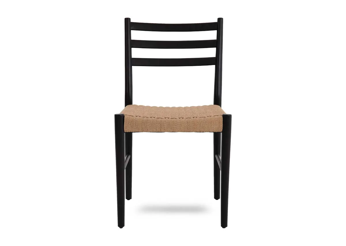 A black framed straight back dining chair with woven seat from EZ Livings Albion range. Front view
