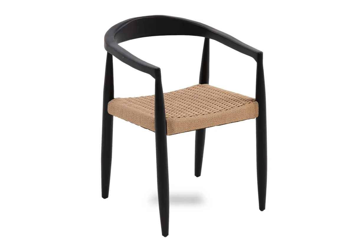 A black framed curved back dining chair with woven seat from EZ Livings Albion range. Angled view