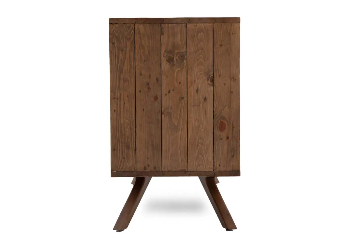 A 3 door sideboard made of reclaimed wood from EZ Livings Albion range. Side view of panel finish