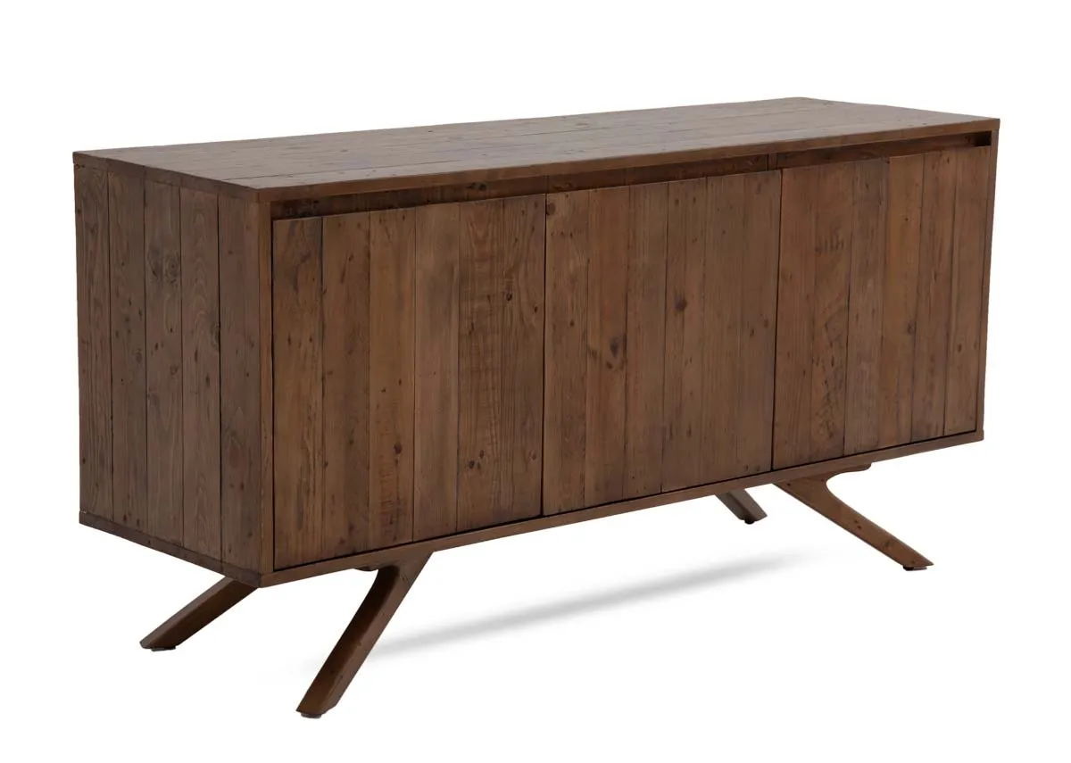 A 3 door sideboard made of reclaimed wood from EZ Livings Albion range. Angled view