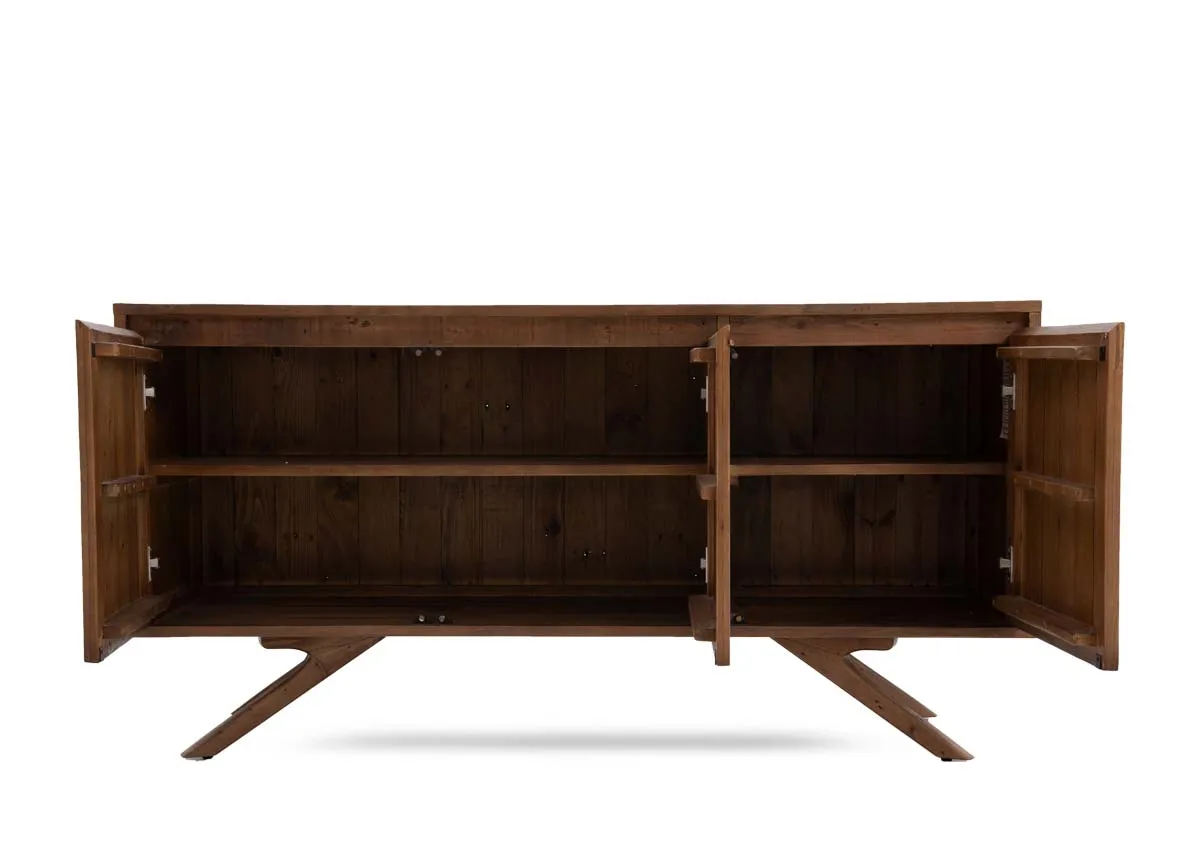A 3 door sideboard made of reclaimed wood from EZ Livings Albion range. Front view with doors open to show storage space.