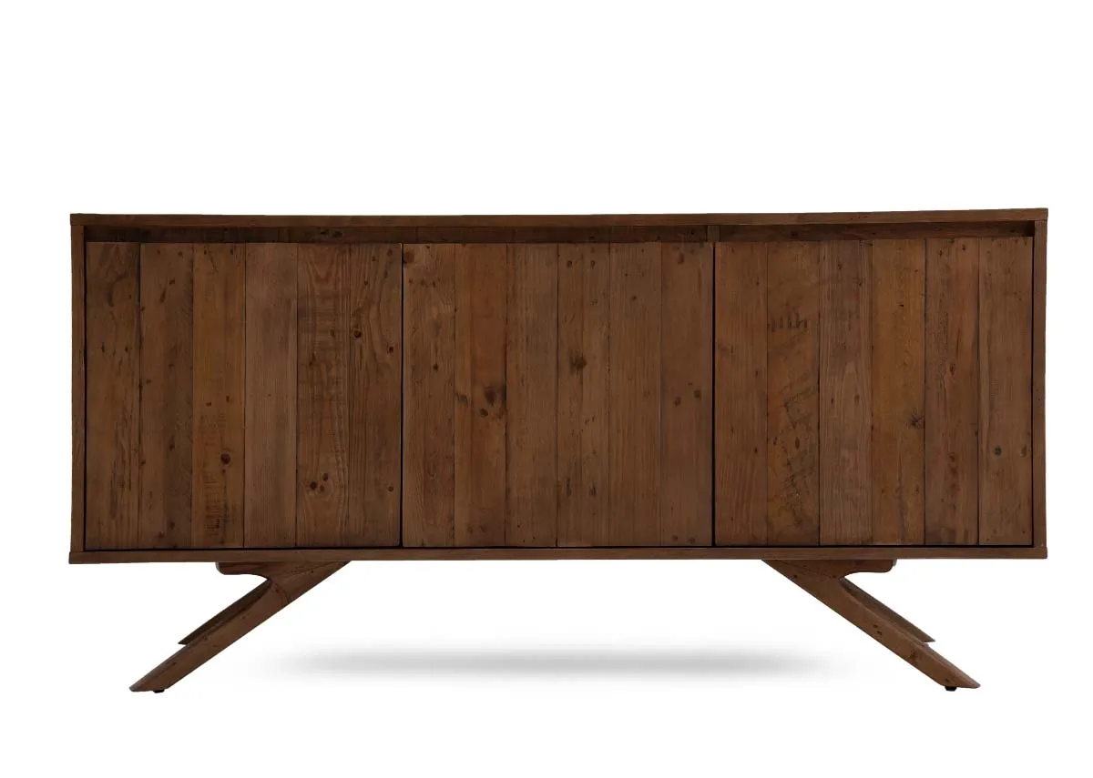 A 3 door sideboard made of reclaimed wood from EZ Livings Albion range. Front view of panel finish doors