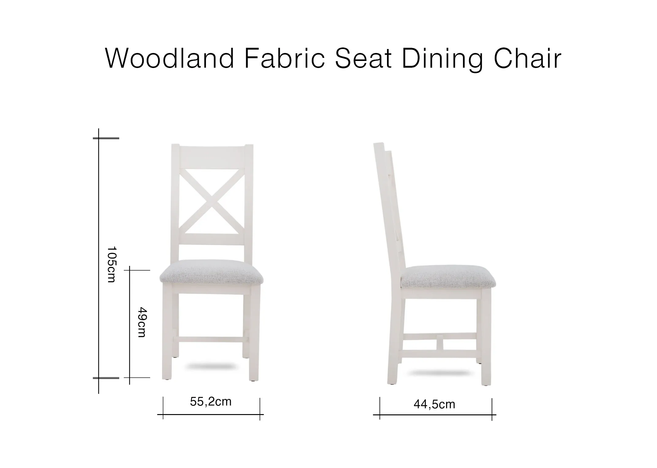 A dimension image of the Woodland Chair with 55cm x 44.5cm x 105cm