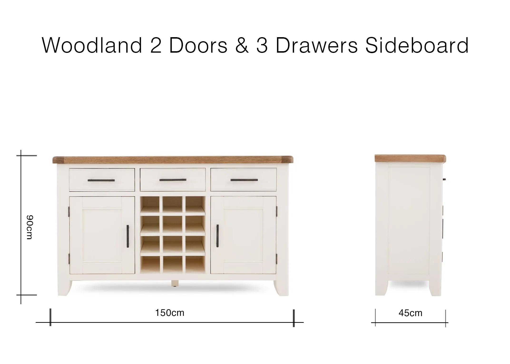 A dimension image of the Woodland Sideboard with 150cm x 45cm x 90cm 