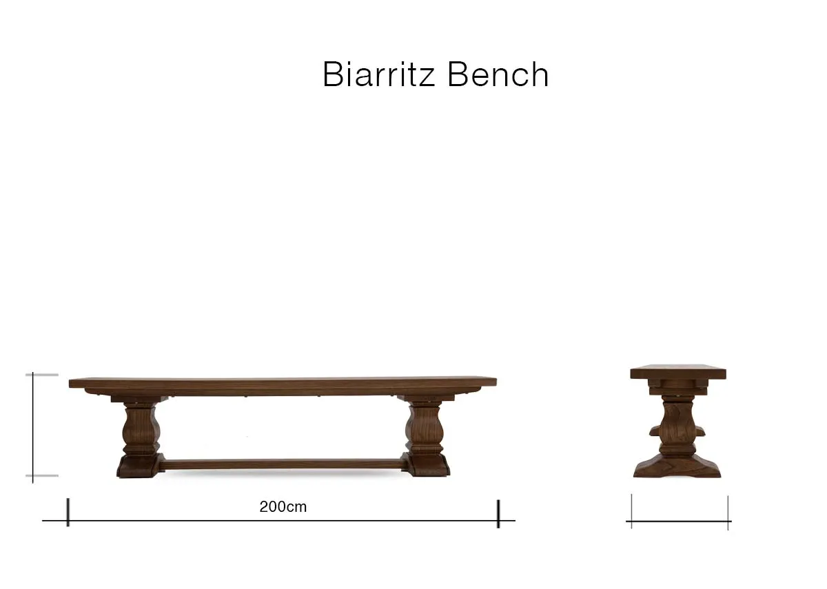 A dimension image of the Biarritz bench with 200cm x 