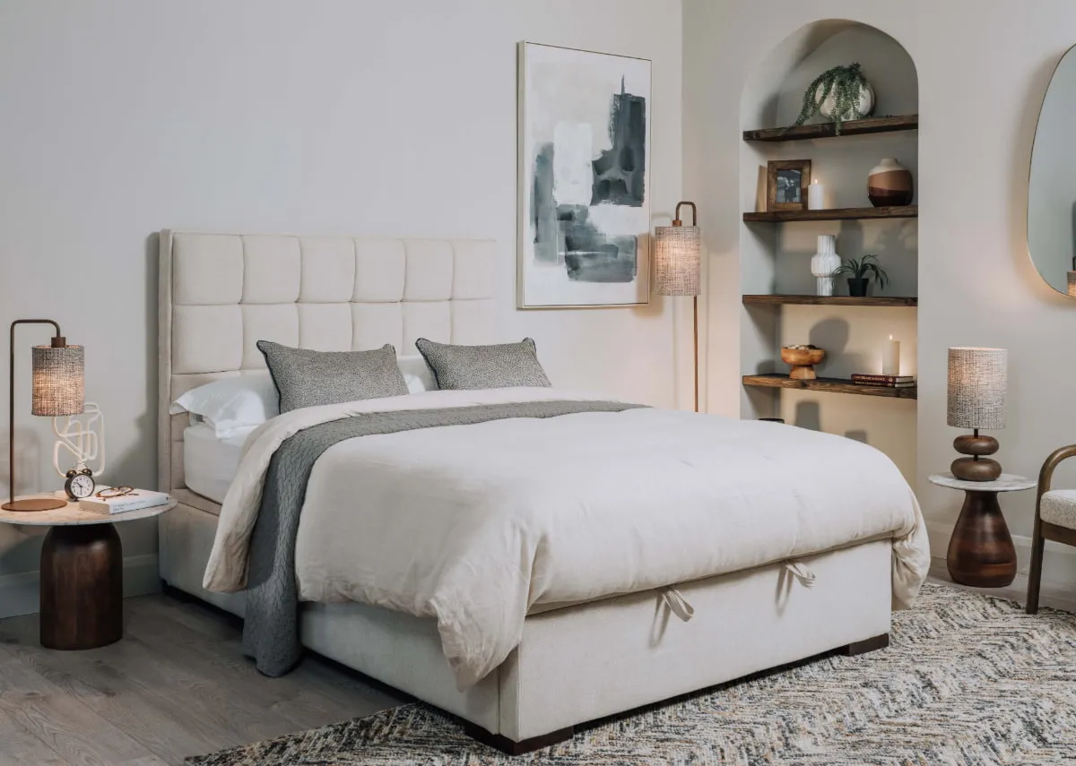 Double (4ft6) Beige Fabric Ottoman Bed - Sadie