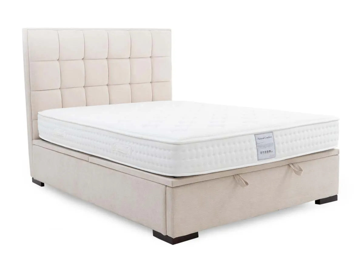 A beige ottoman bed from EZ Livings Sadie Range. Angled view of bed closed with mattress on top not included