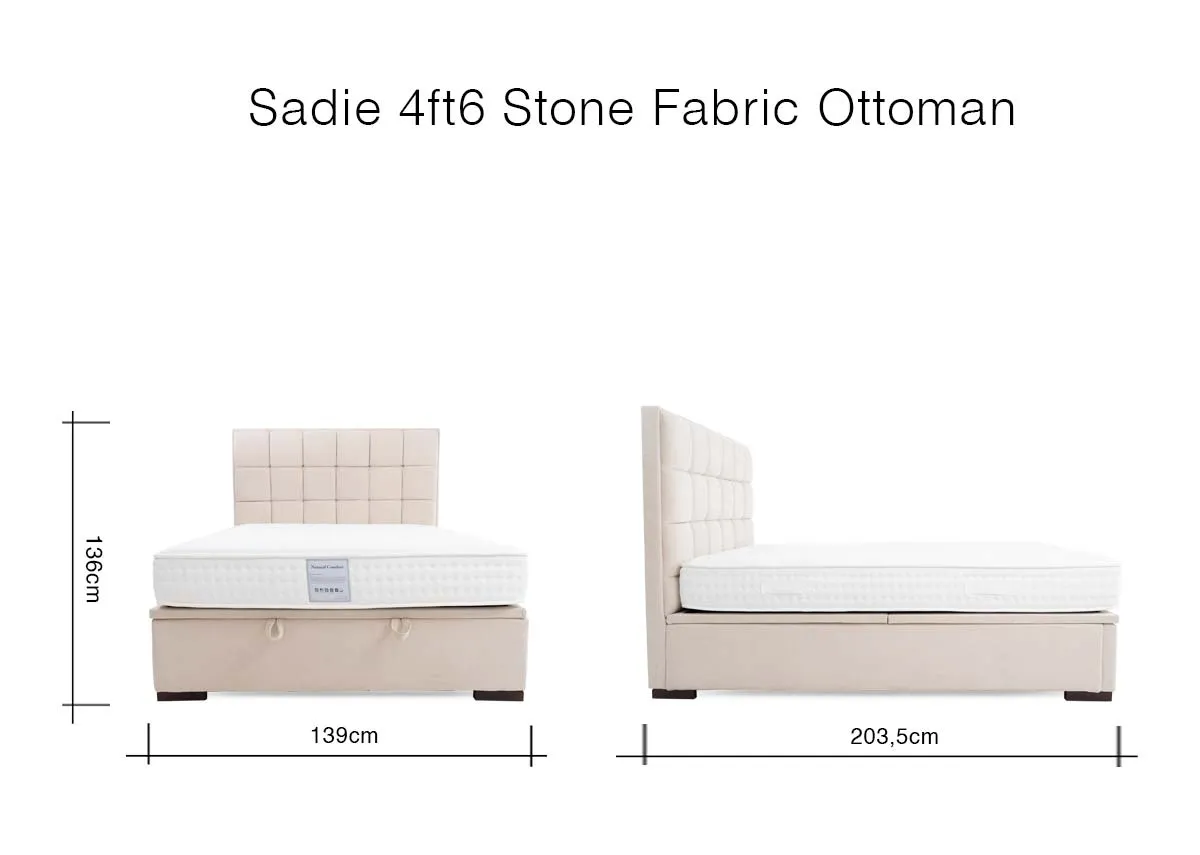 A dimension image of the Sadie Ottoman Bed with 139cm x 203.5cm x 136cm