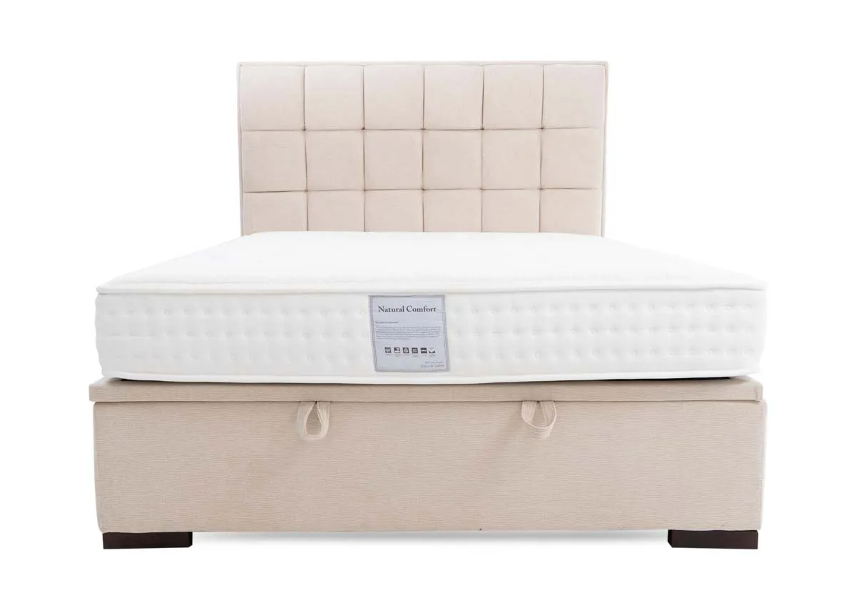A beige ottoman bed from EZ Livings Sadie Range. Angled view of bed open showing storage space
