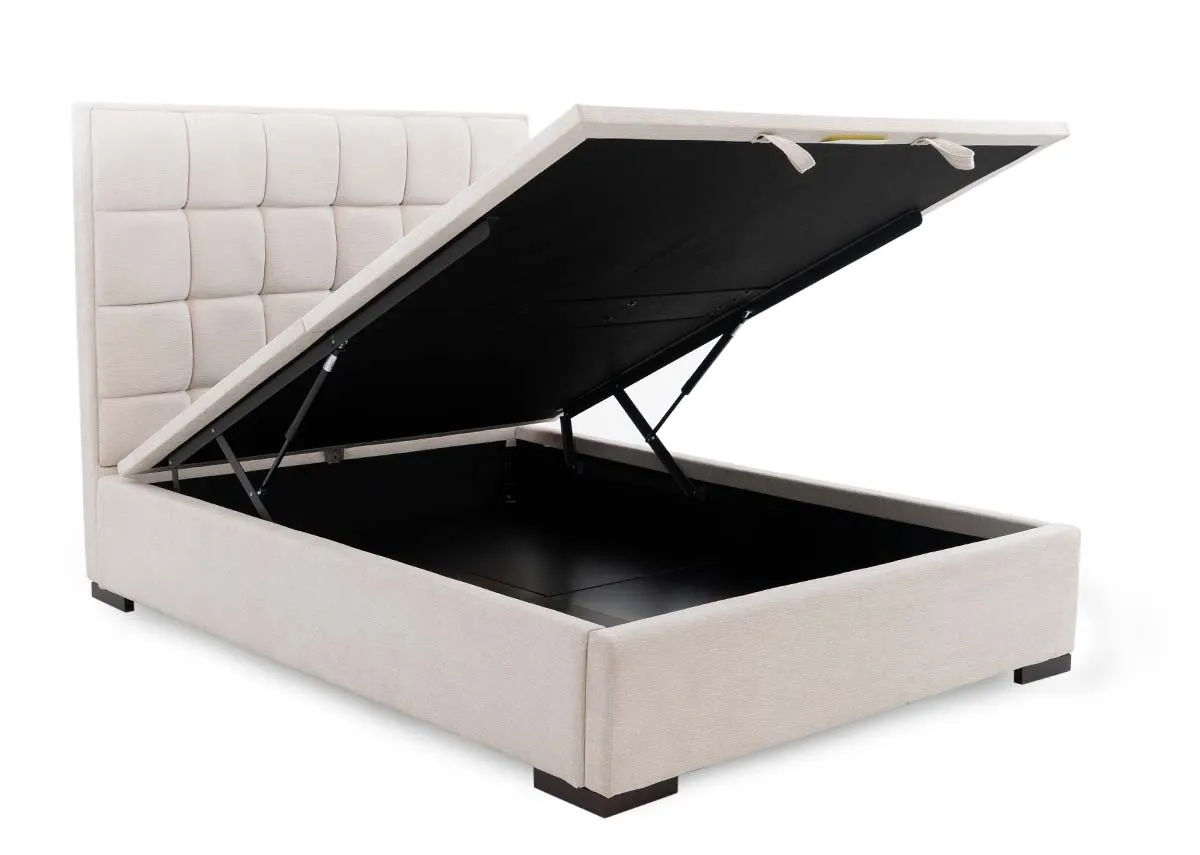 A beige ottoman bed from EZ Livings Sadie Range. Closeup of spring system which allows bed to open